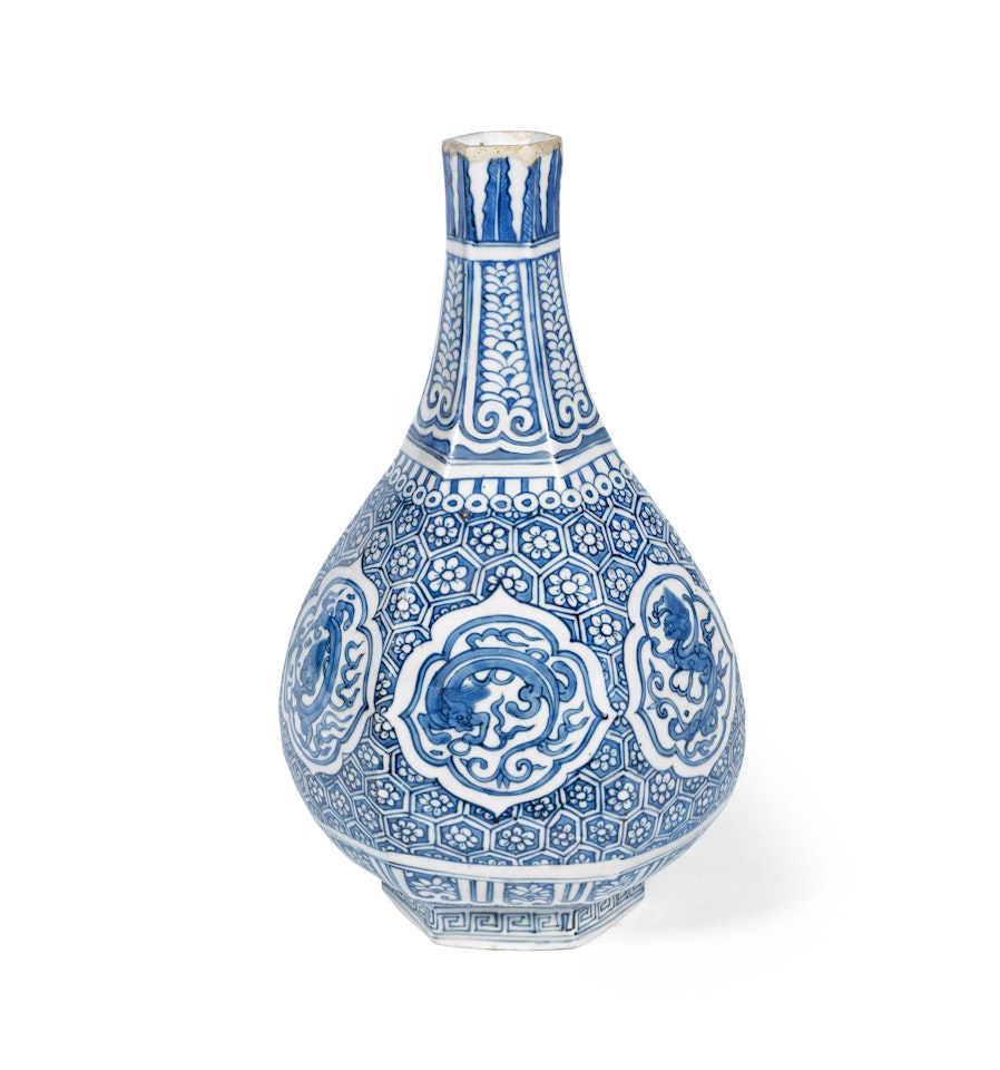 A blue and white hexagonal pear-shaped bottle vase by Anonymous