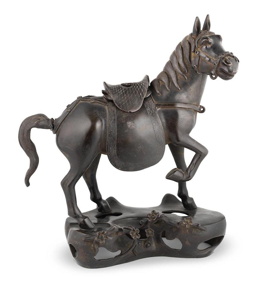 A large bronze 'horse' incense burner and cover by Anonymous