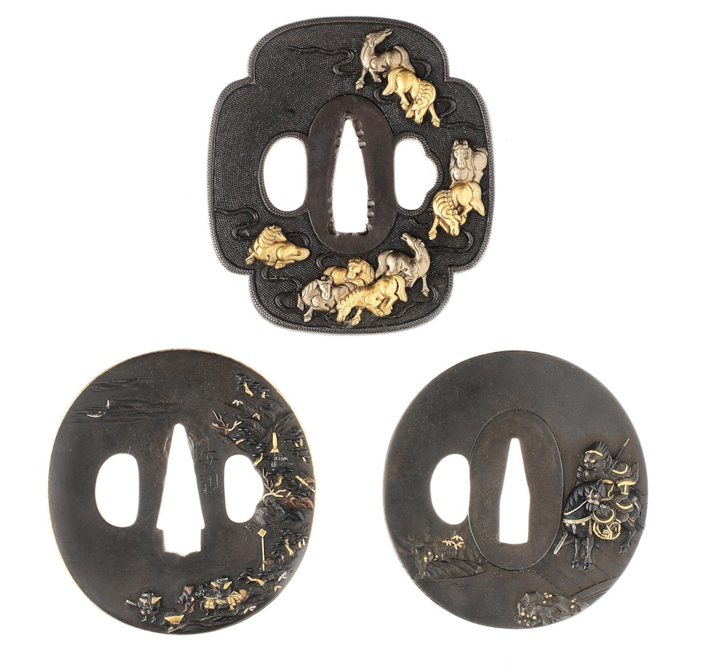 Three inlaid soft-metal tsuba by Anonymous