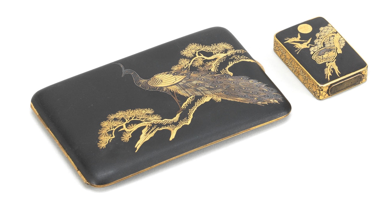 An inlaid-iron cigarette case and an unassociated inlaid-iron matchbox By the Komai Company of Kyoto by Anonymous