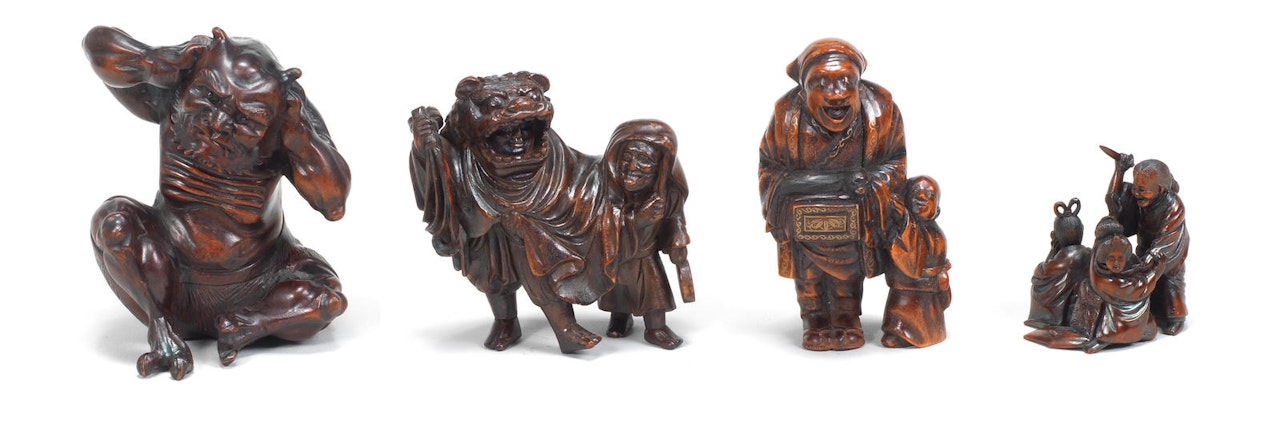 Four wood okimono figures by Anonymous