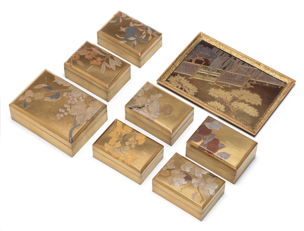 Seven gold-lacquer rectangular boxes and covers and one unassociated tray by Anonymous