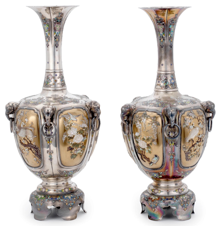 A pair of gold-lacquer, silver, cloisonné-enamel and inlaid Shibayama vases by Anonymous