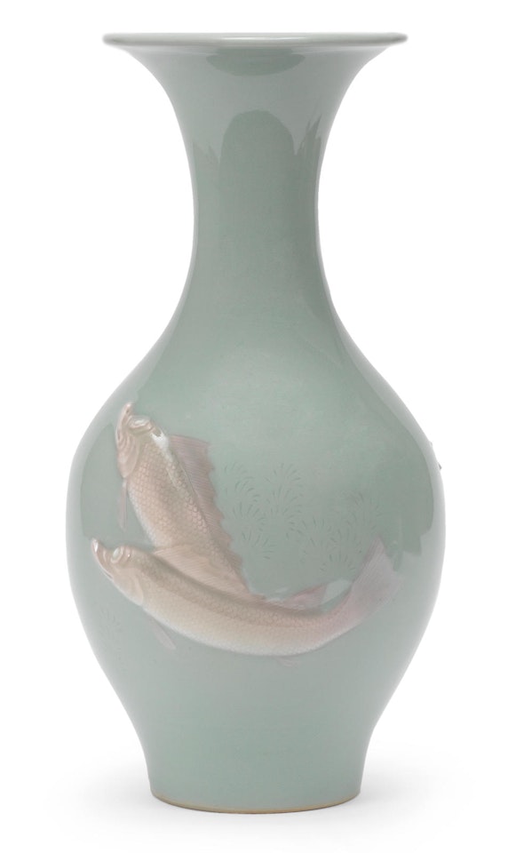 A green-glazed ovoid vase with a slender neck by Anonymous