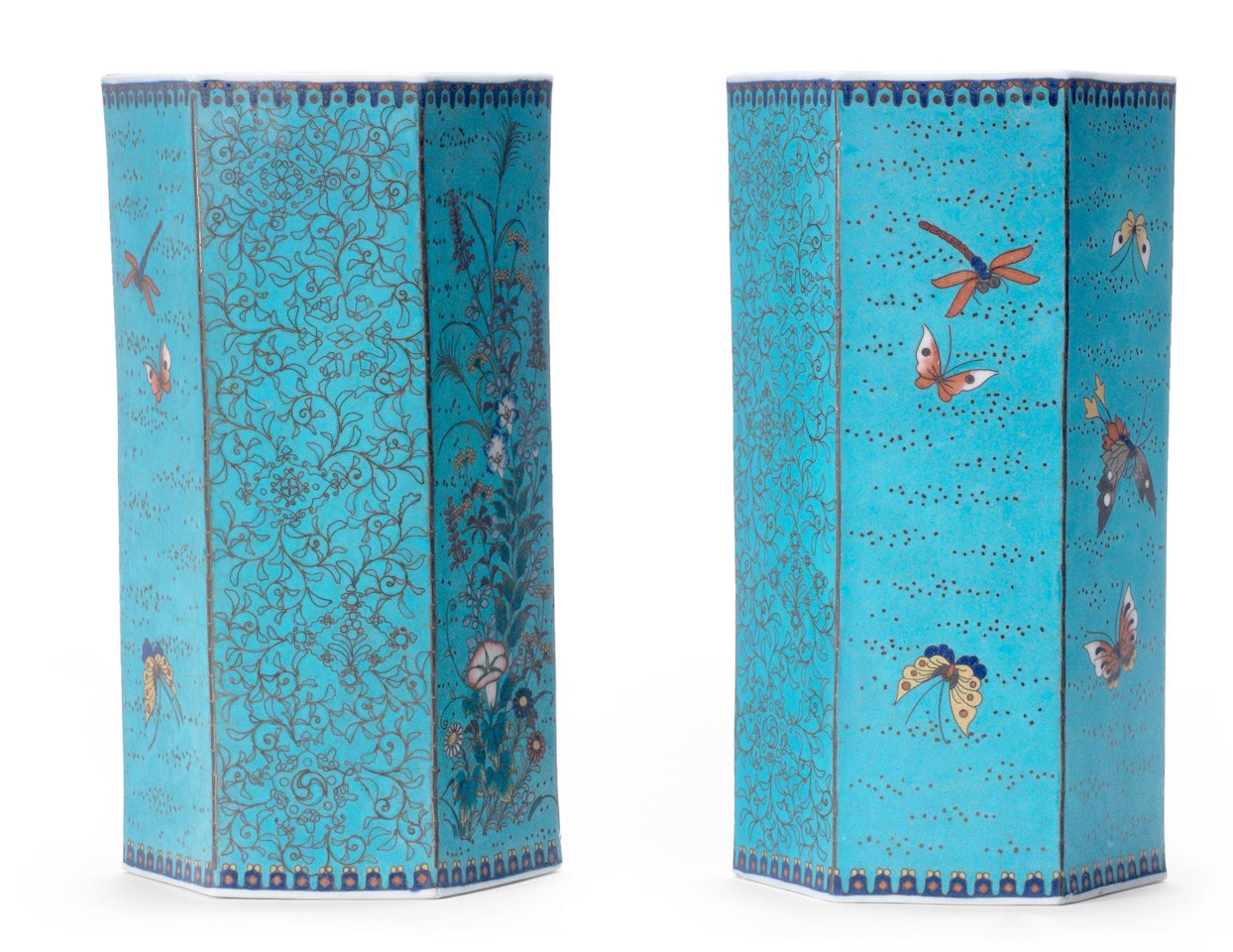 A pair of hexagonal cloisonné-enamel and porcelain vases by Anonymous