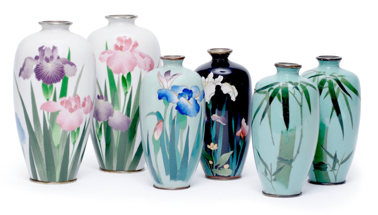 Six small cloisonné-enamel ovoid vases by Anonymous