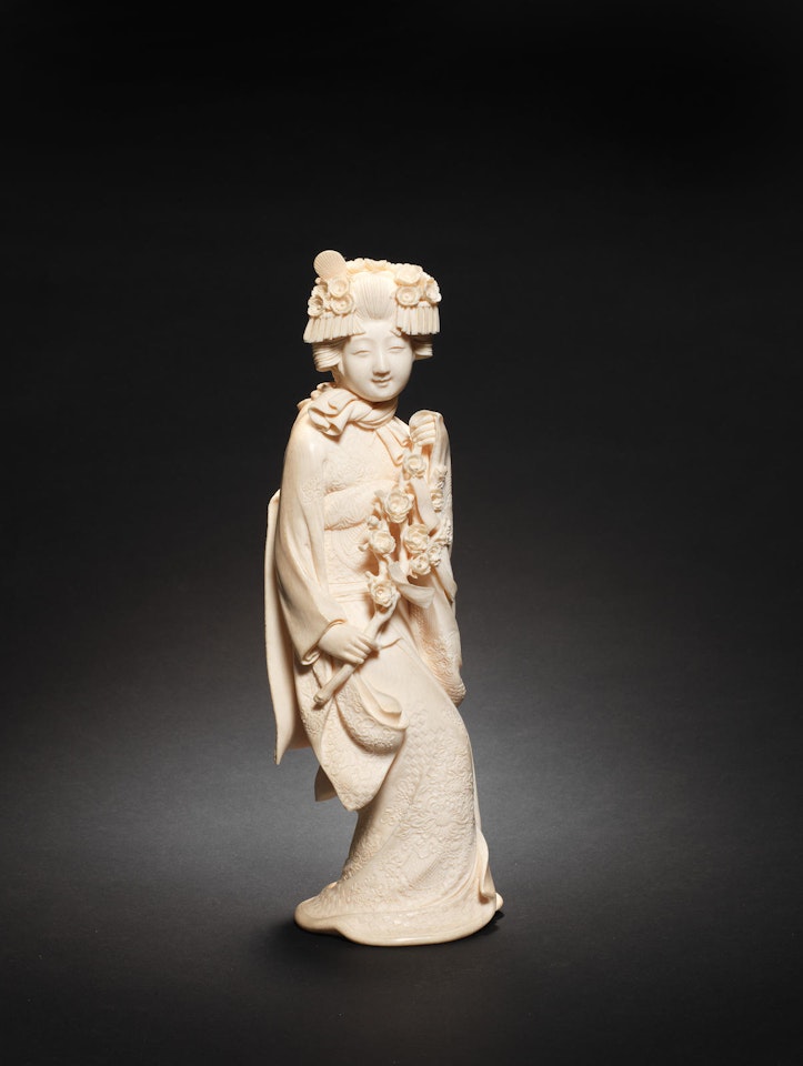 An ivory okimono figure of a geisha By Kikuchi Godo by Anonymous