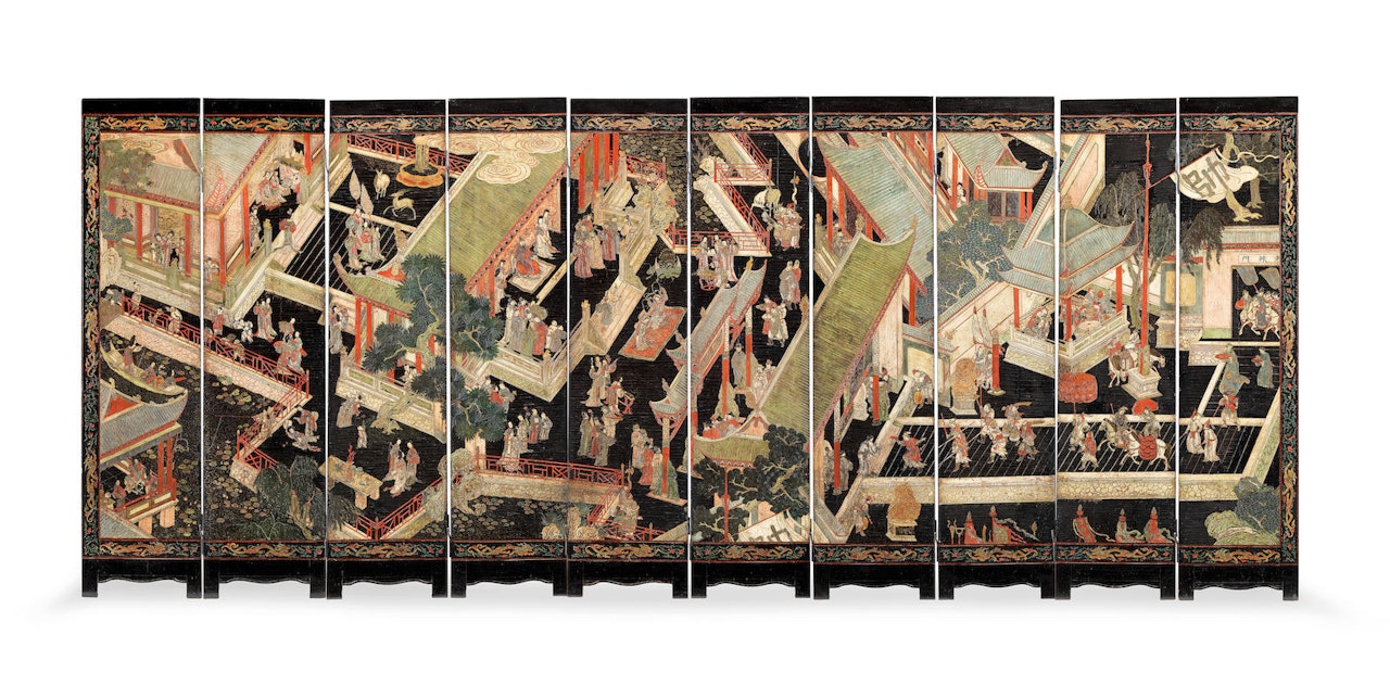 A rare Coromandel ten-leaf lacquer 'Palace' screen by Anonymous