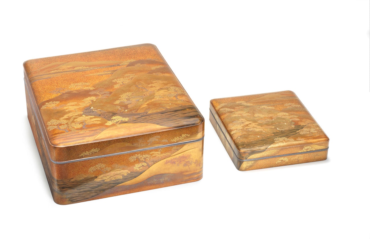 A matching gold-lacquer suzuribako (box for writing utensils) and bunko (document box) together with an unrelated gold-lacquer bundai (writing desk) by Anonymous