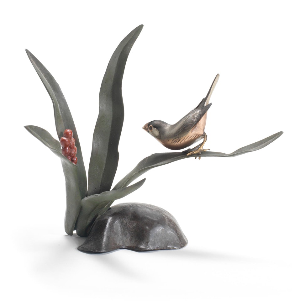 A bronze okimono of a sparrow on green leaves by Anonymous