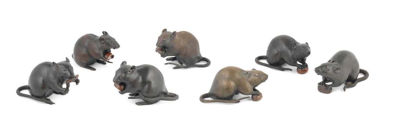 Seven bronze okimono of rats by Anonymous