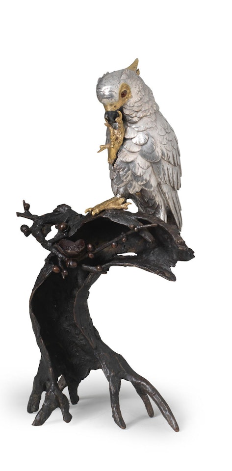 A gilt-bronze and silver okimono of a cockatoo on an en-suite bronze stand, By Unbi by Anonymous