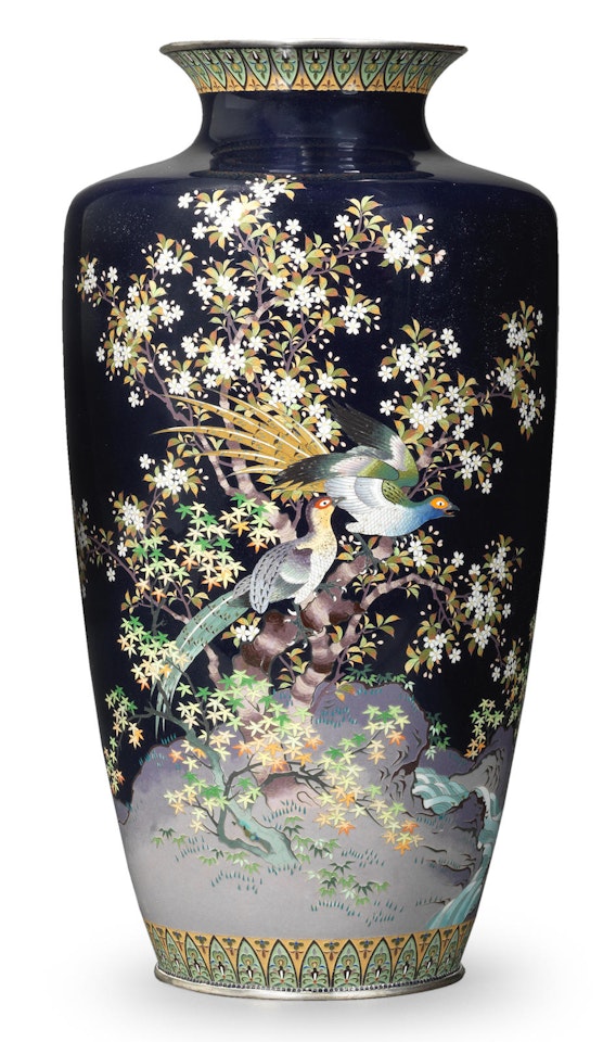 A tall straight-sided baluster cloisonné-enamel vase by Anonymous