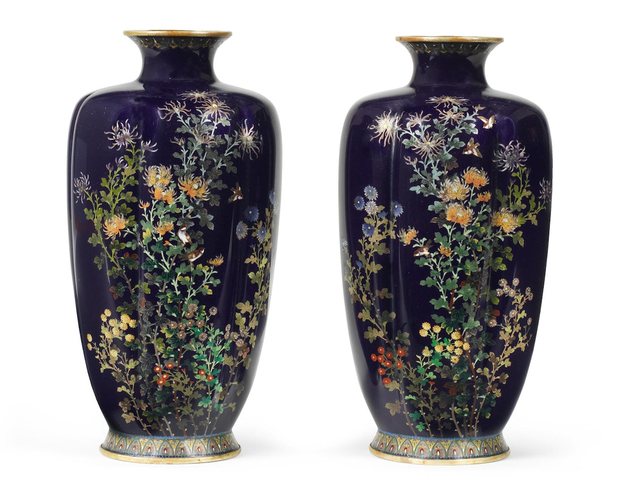 A pair of hexagonal section cloisonné-enamel vases by Anonymous
