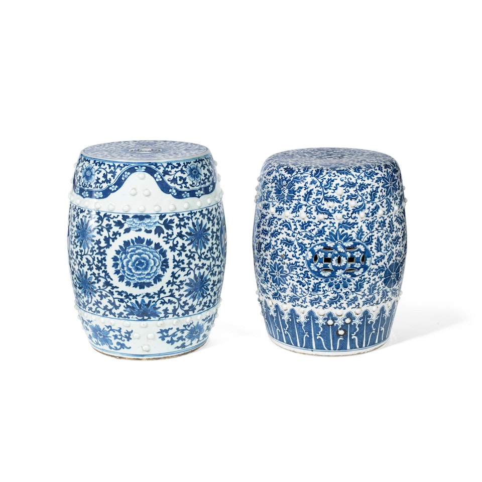 Two blue and white drum-form garden seats by Anonymous