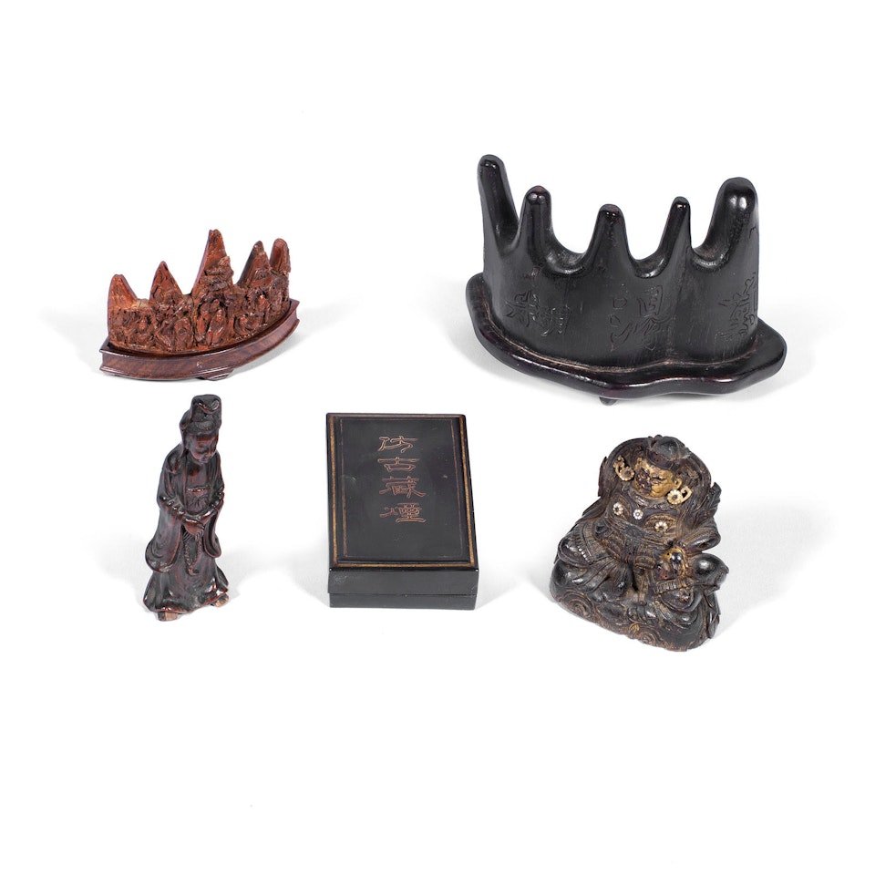 A group of hardwood, lacquer and bamboo scholars objects by Anonymous