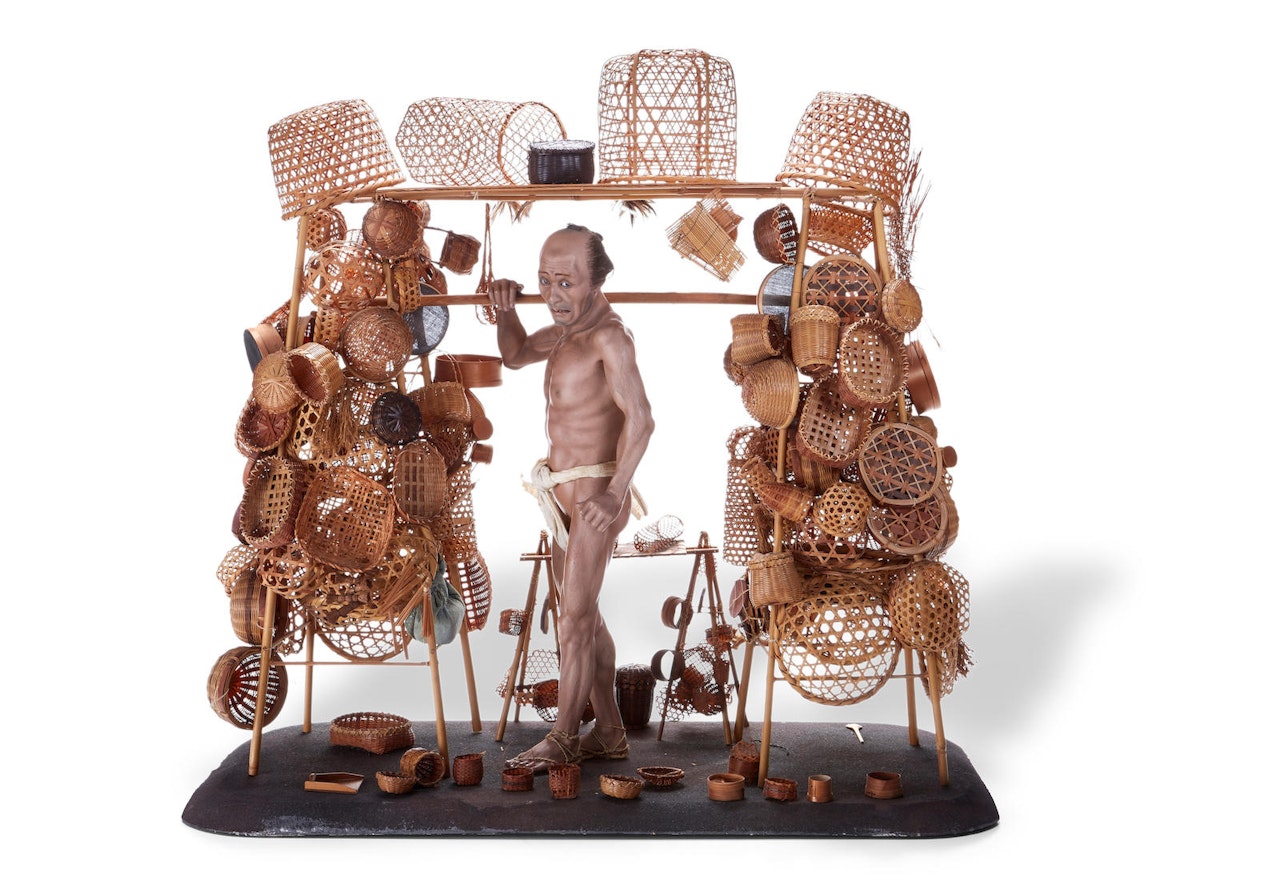 An Iki ningyo (living doll) of a basket vendor by Anonymous