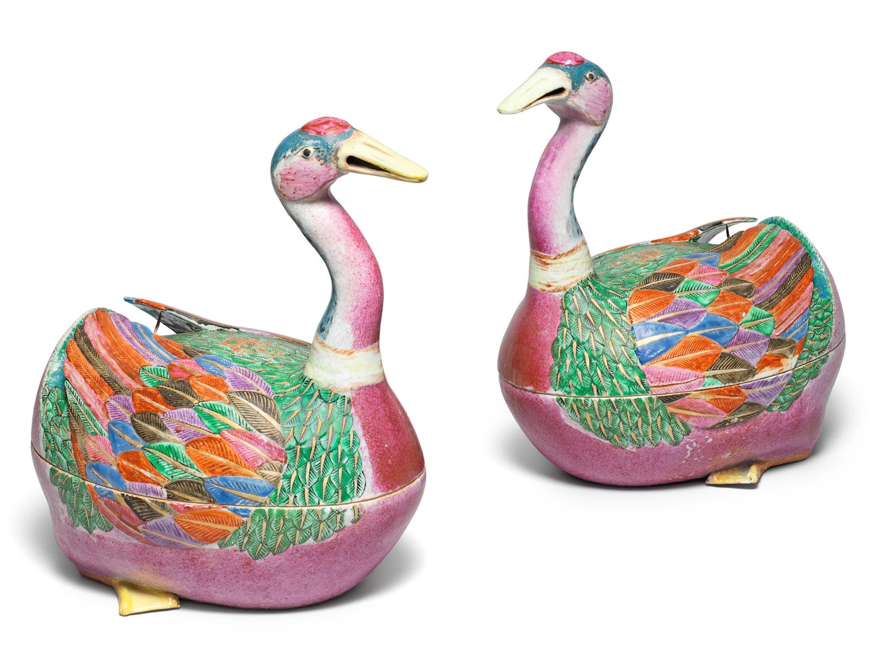 A very fine and rare pair of famille rose 'goose' tureens and covers by Anonymous