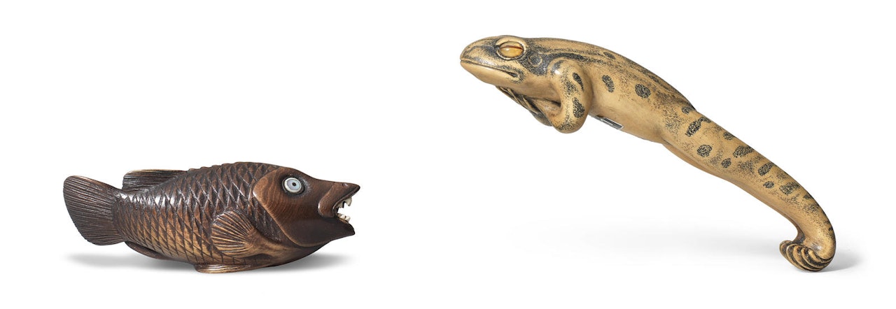 Two boxwood netsuke of a leaping frog and a fish By Jack Coutu (1924-2017) by Anonymous