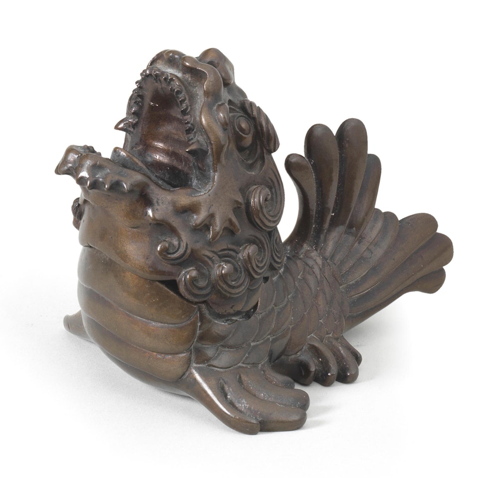 A Bronze koro (incense burner) and cover in the form of a shachihoko by Anonymous