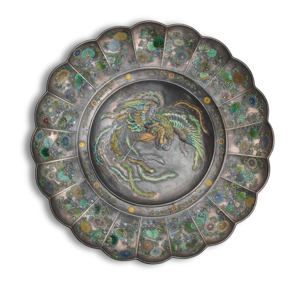 A magnificent silver and enamel dish in the form of a large chrysanthemum bloom by Anonymous