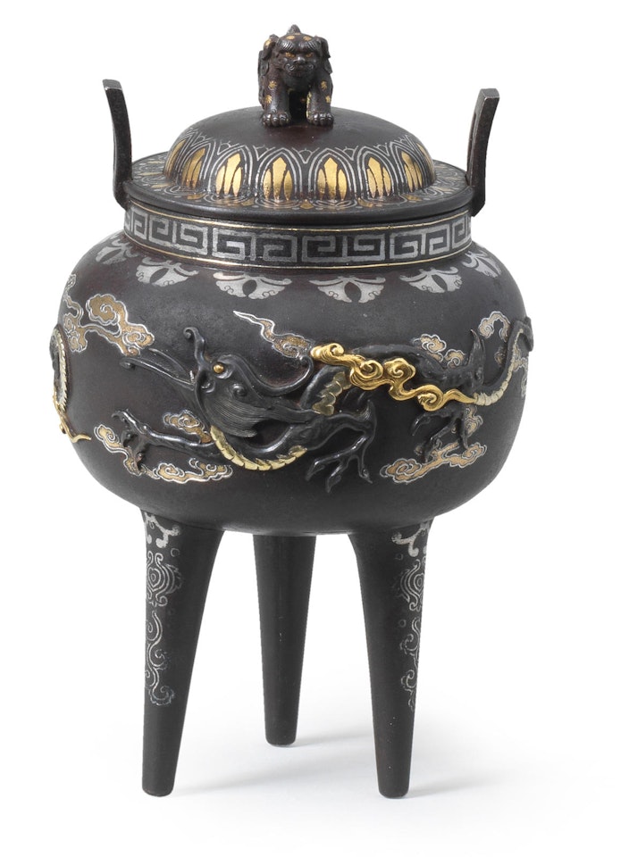An inlaid iron squat globular koro (incense burner) and cover by Anonymous