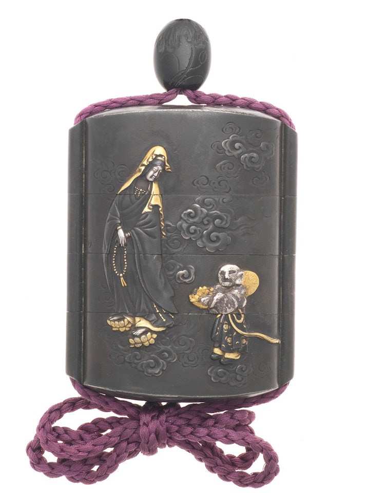 An inlaid shibuichi three-case inro by Anonymous