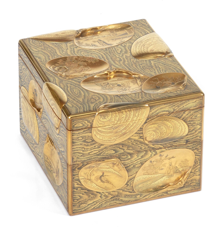 A fine gold-lacquer two-tiered jubako (picnic box) and cover By Hotokusai Kakushu by Anonymous