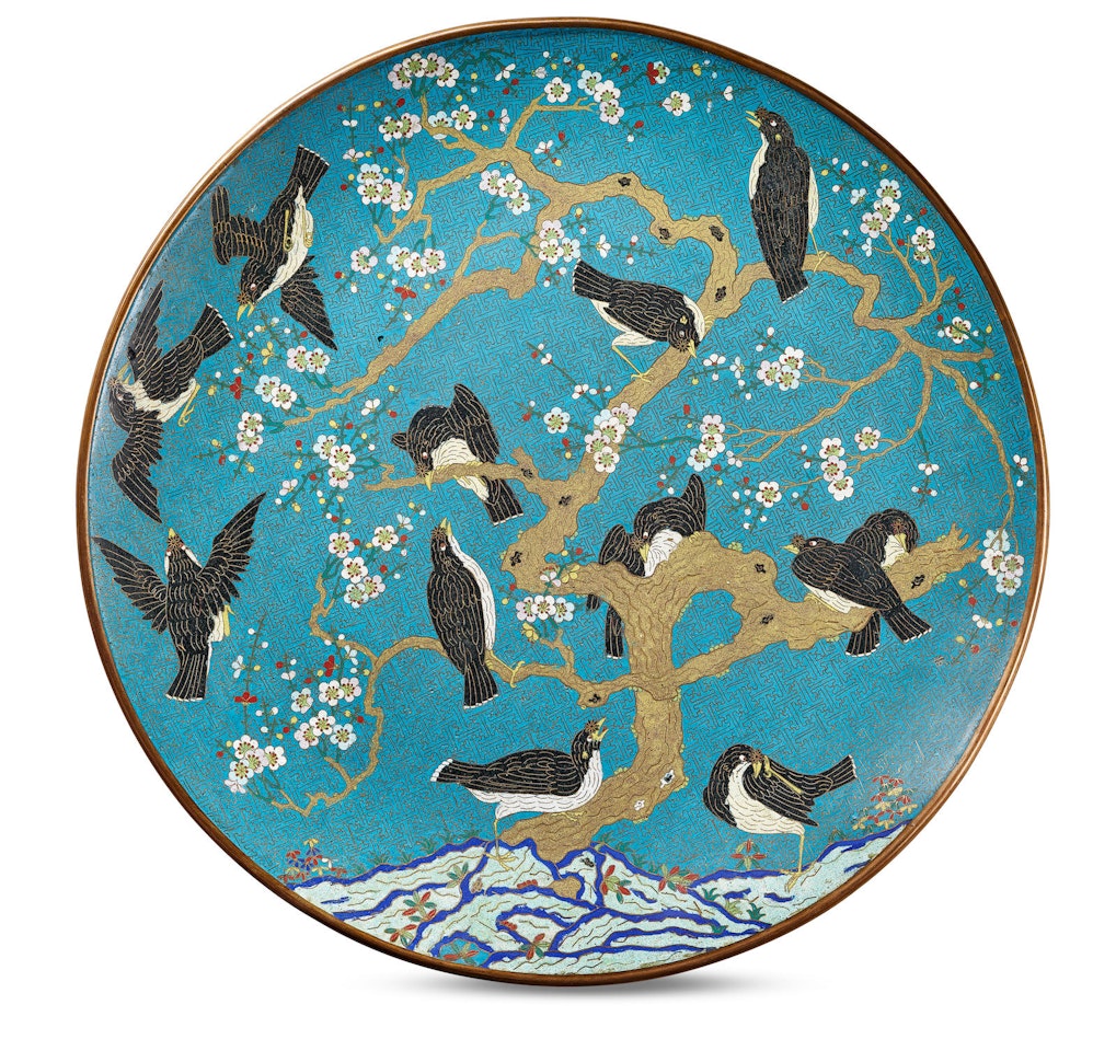 A large cloisonné-enamel 'magpie and prunus' charger by Anonymous