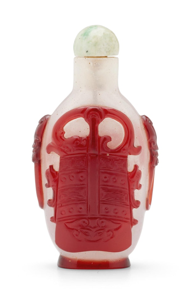 A RED OVERLAY MILKY WHITE GLASS 'ANCIENT BELL' SNUFF BOTTLE by Anonymous