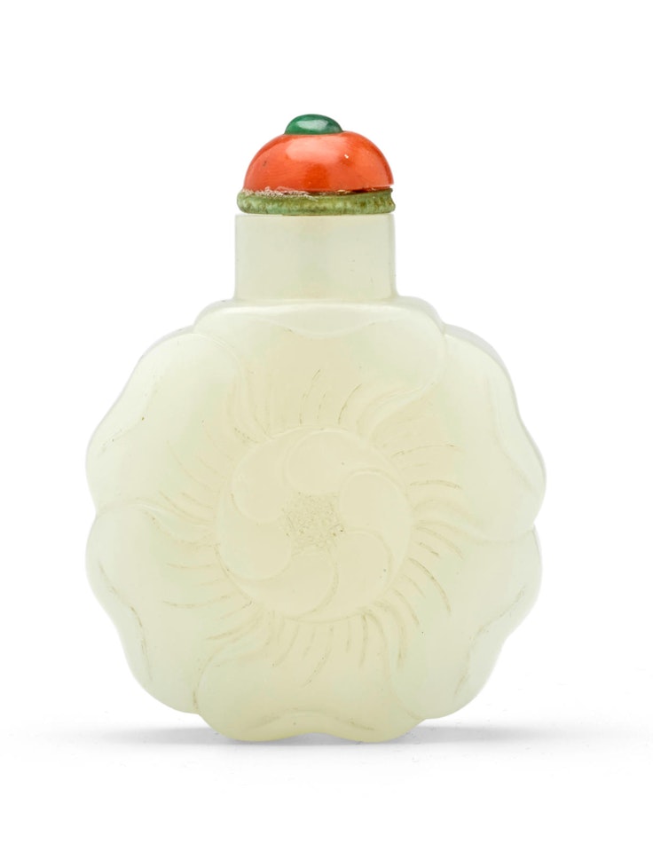 A WHITE JADE 'MALLOW BLOSSOM' SNUFF BOTTLE  by Anonymous