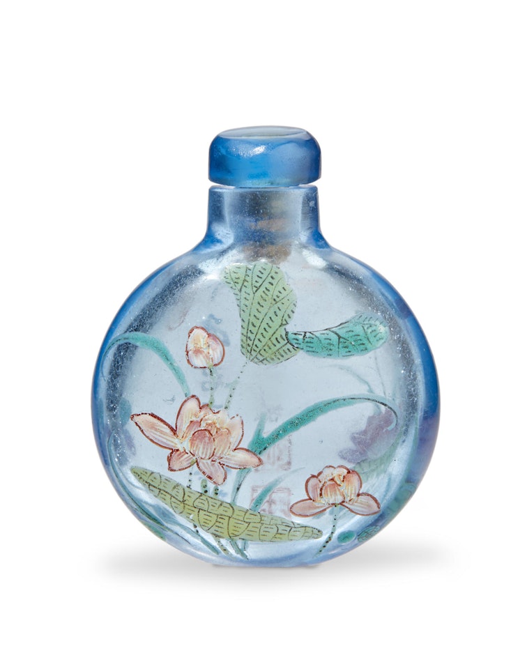 AN ENAMELED GLASS 'LOTUS' SNUFF BOTTLE by Anonymous