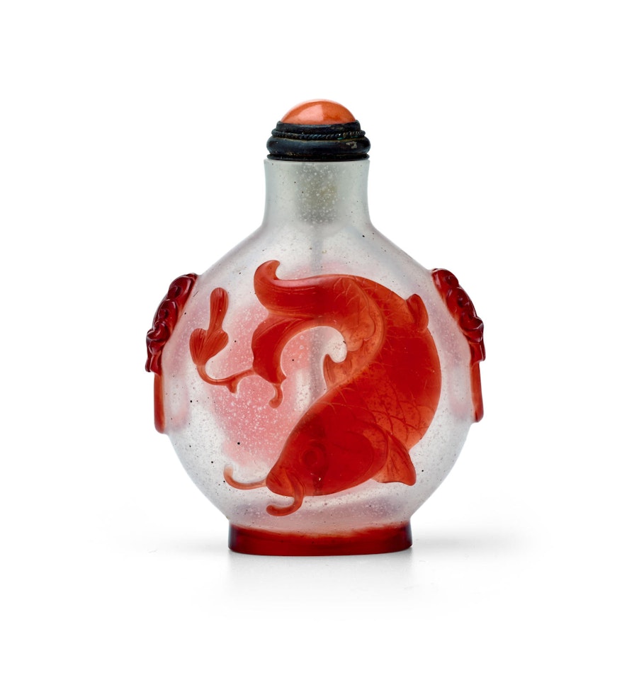 A RED OVERLAY MILKY GLASS 'CARP' SNUFF BOTTLE by Anonymous