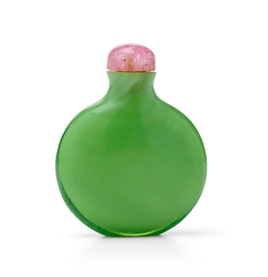 A TRANSPARENT GREEN CASED GLASS SNUFF BOTTLE  by Anonymous