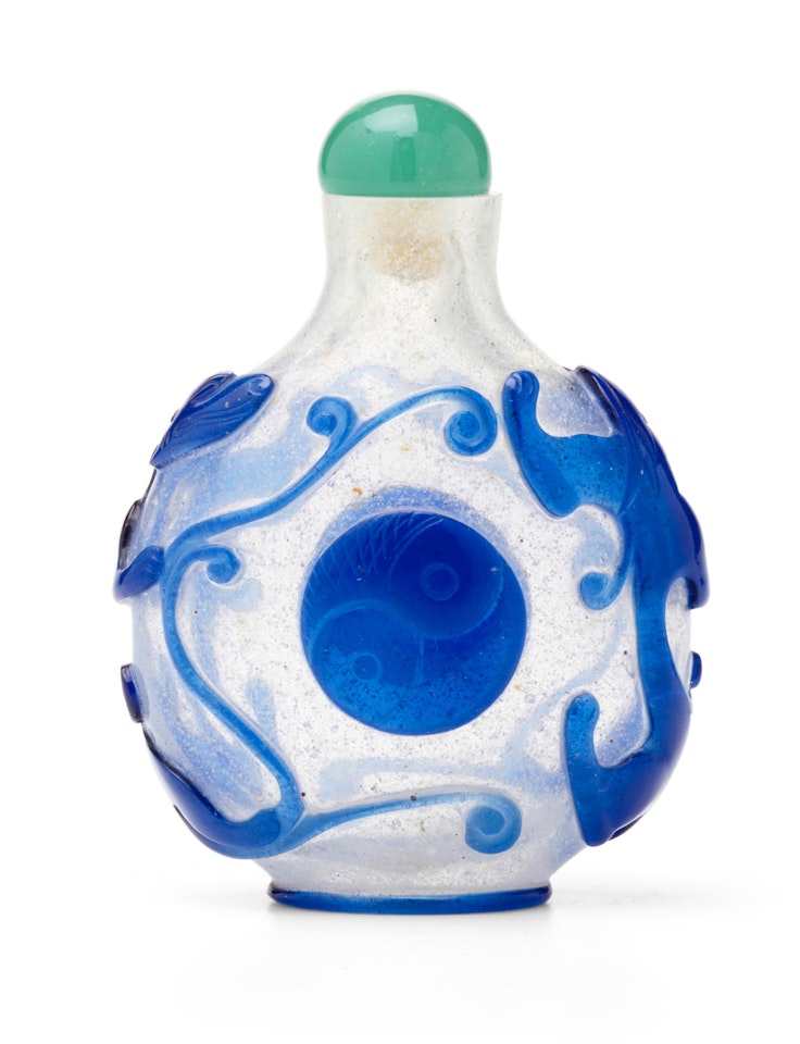A BLUE OVERLAY CLEAR GLASS 'CHILONG' SNUFF BOTTLE by Anonymous