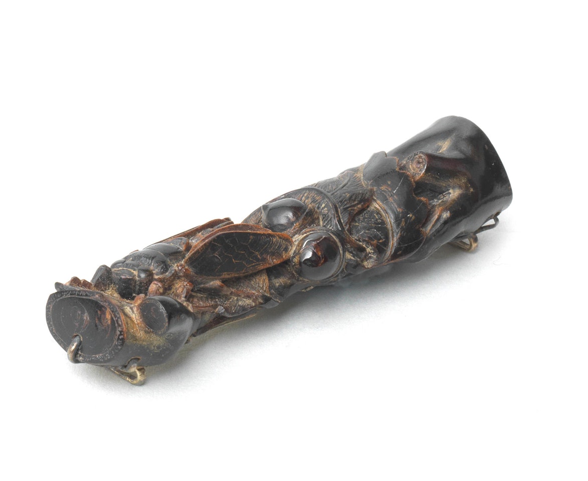 An umimatsu (sea-pine) netsuke of a cicada on an oak branch by Anonymous