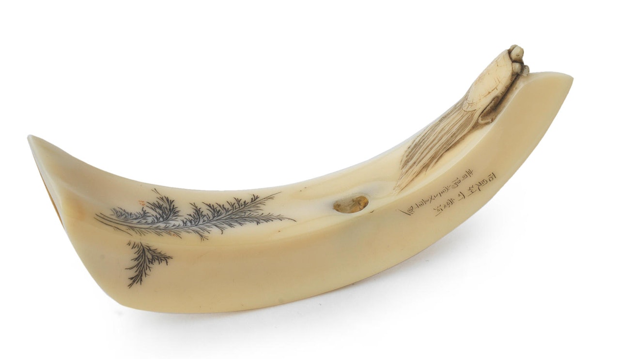 A small boar-tusk netsuke with a minogame and ferns by Anonymous