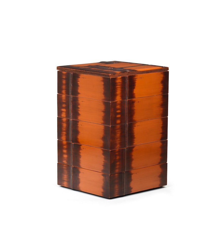 A lacquered-wood five-tier jubako (picnic box) and cover by Anonymous