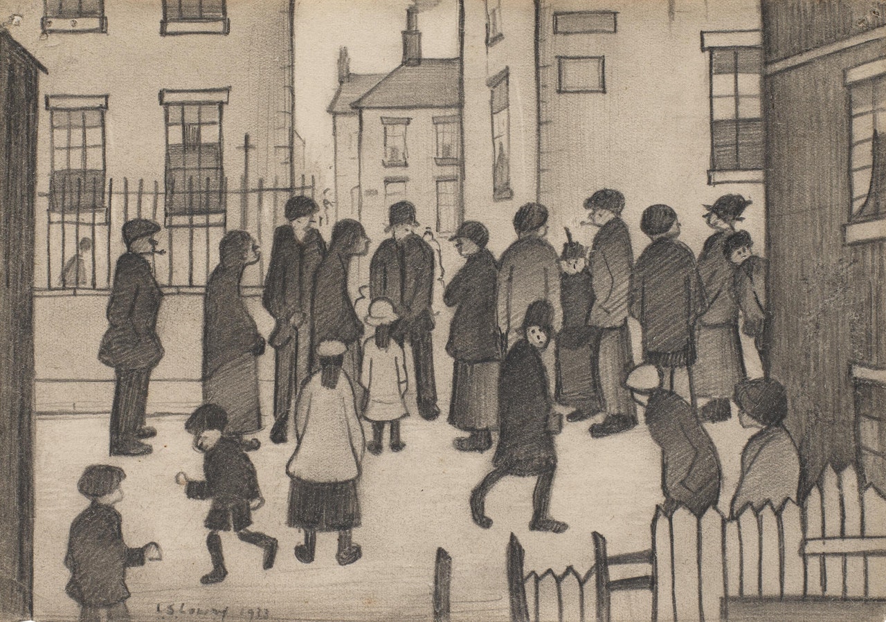 Crowded street scene by Laurence Stephen Lowry