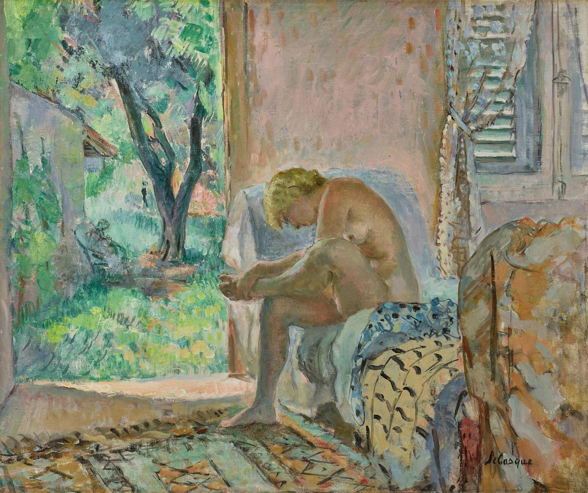 Nu assis sur un canapé près de la fenêtre by Henri Lebasque