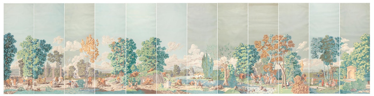 A set of twelve unusual hand painted 'Les Chasses de Compiegne' panoramic wallpaper panels by Anonymous