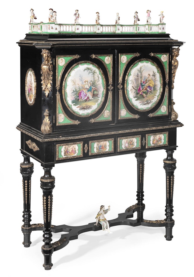 A pair of German 19th century porcelain and gilt bronze mounted ebonised cabinets on stands by Anonymous