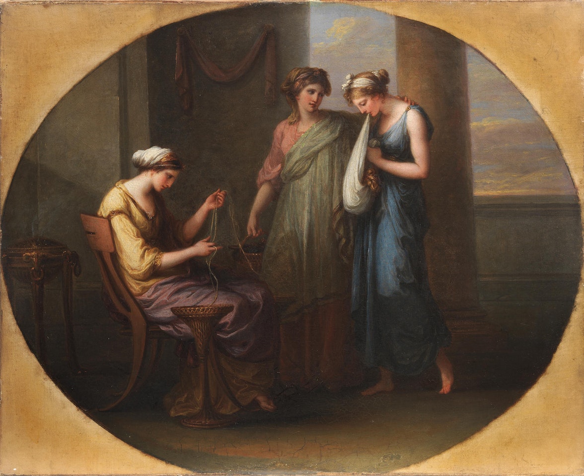 Electra offering a lock of hair to Chrysothemis, within a painted oval by Angelica Kauffmann