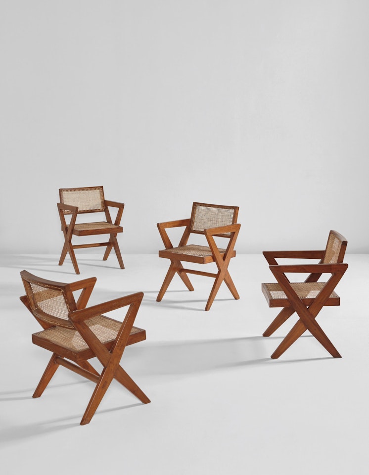 Set of four "Office armchairs," model no. PJ-SI-46-A, designed for the College of Architecture, Chandigarh by Pierre Jeanneret