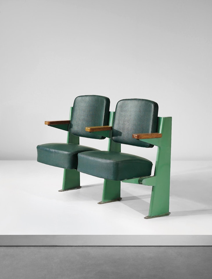 Row of two lecture theatre chairs, designed for the Faculté des Lettres, Université de Besançon, France by Jean Prouvé