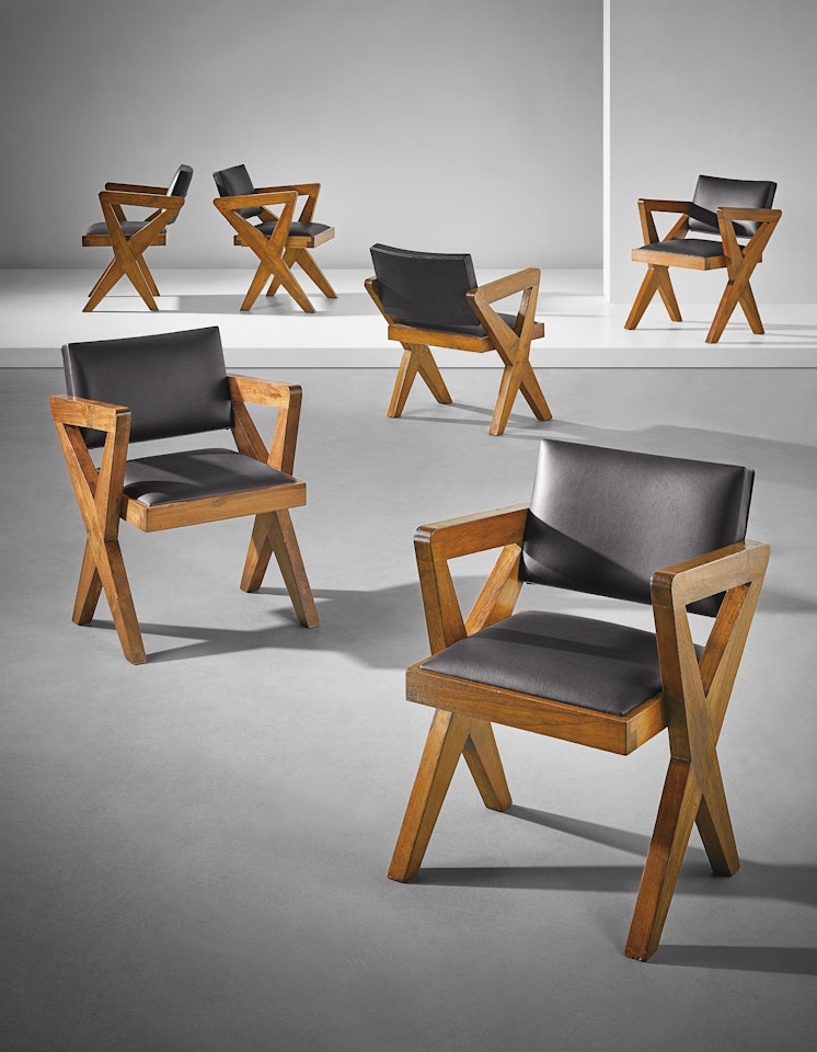 Set of six 'Showroom' armchairs, model no. PJ-SI-49-A, possibly designed for the Tagore Theater, Chandigarh by Pierre Jeanneret