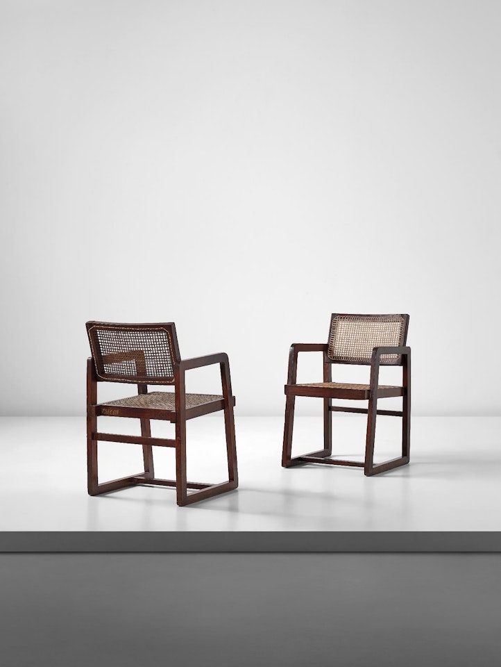 Pair of 'Cane seat cane back' office armchairs, model no. PJ-SI-43-A, designed for Punjab University, Chandigarh by Pierre Jeanneret