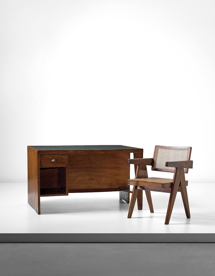 'Office table' desk with bookcase, model no. PJ-BU-02-A and 'Office Cane Chair', model no. PJ-SI-28-A, designed for the Secretariat and administrative buildings, Chandigarh by Pierre Jeanneret