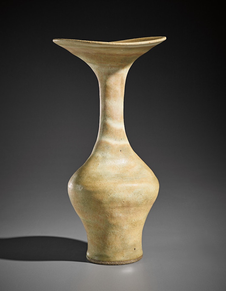 Large vase with flaring lip and integral spiral by Lucie Rie