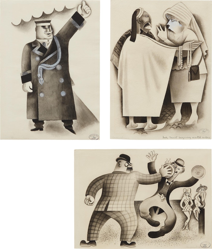 Three works: i) Park Avenue Doorman – Taxi ii) Lady Tourist Bargaining Oriental Amber iii) Confrontation - Pie in the Face by Miguel Covarrubias